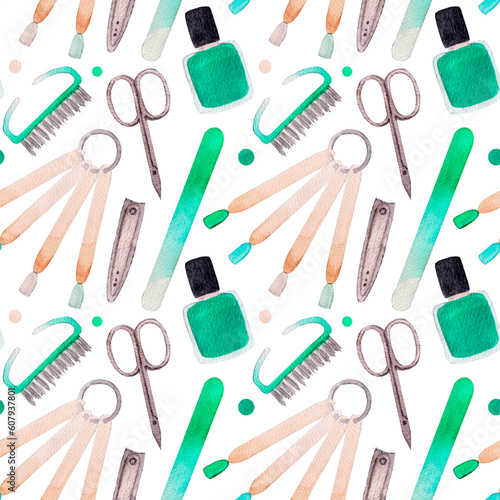 Watercolor pattern, various elements for manicure on white background. Pattern for various beauty products, wrapping etc
