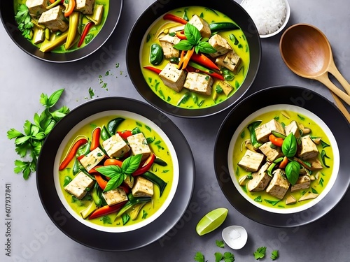 Thai green curry served in bowls