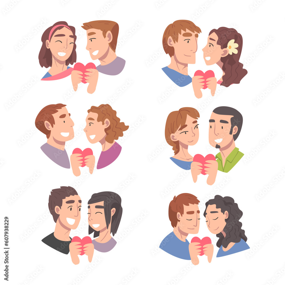 Enamored Couple in Love Holding Heart Feeling Devotion Vector Set Enamored Couple in Love Holding Heart Feeling Devotion Vector Set