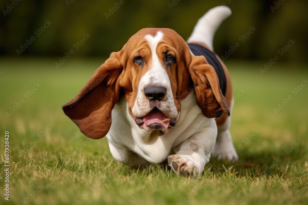 Basset Hound dog running in the grass on a sunny day. AI Generated