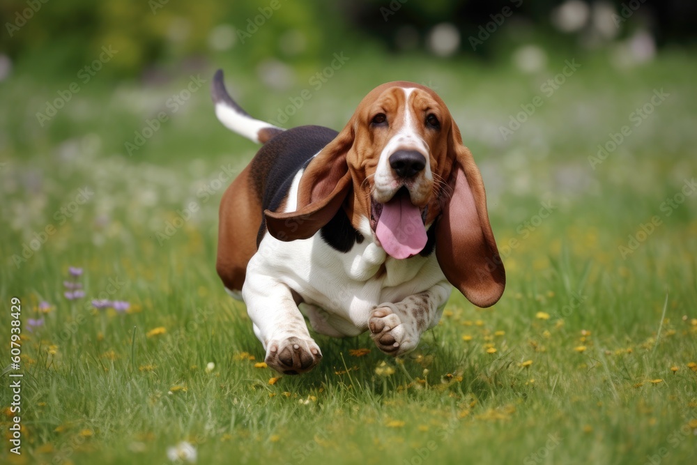 Basset hound dog running and jumping in the green grass AI Generated Basset hound dog running and jumping in the green grass AI Generated