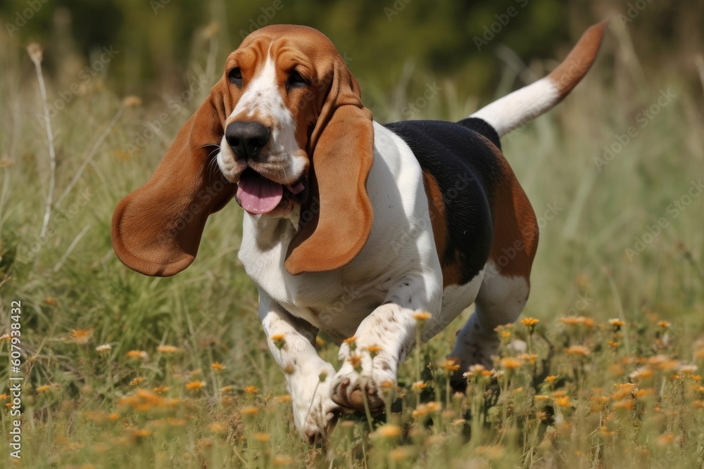 Basset hound running in the field of dandelions AI Generated