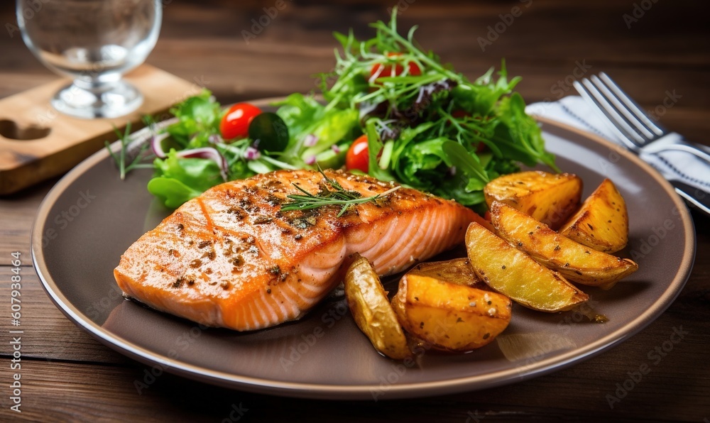 a plate of salmon, potatoes, and a salad on a wooden table next to a glass of water and a knife and fork on a wooden table. generative ai a plate of salmon, potatoes, and a salad on a wooden table next to a glass of water and a knife and fork on a wooden table. generative ai