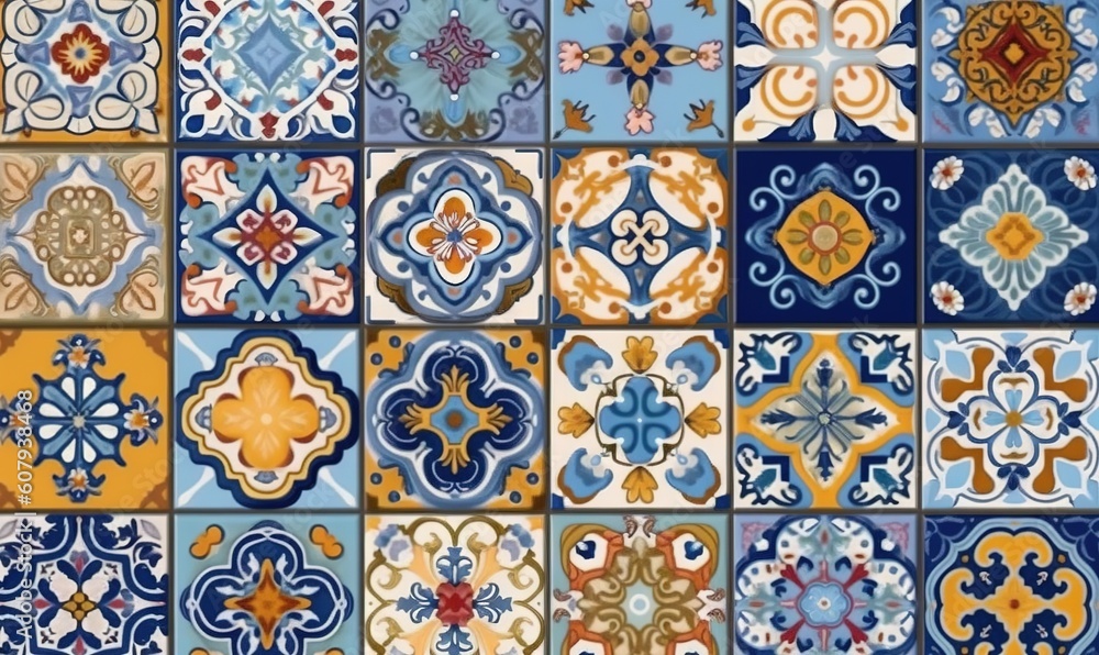  a bunch of different colored tiles with different designs on them, all of which are different colors and shapes, all of which have different shapes and sizes.  generative ai