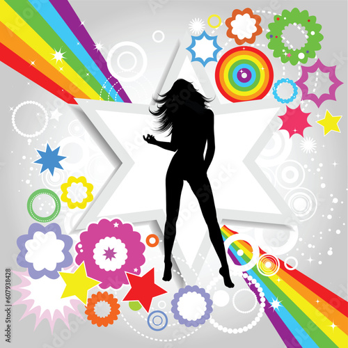 Silhouette of a sexy female on brightly coloured abstract background