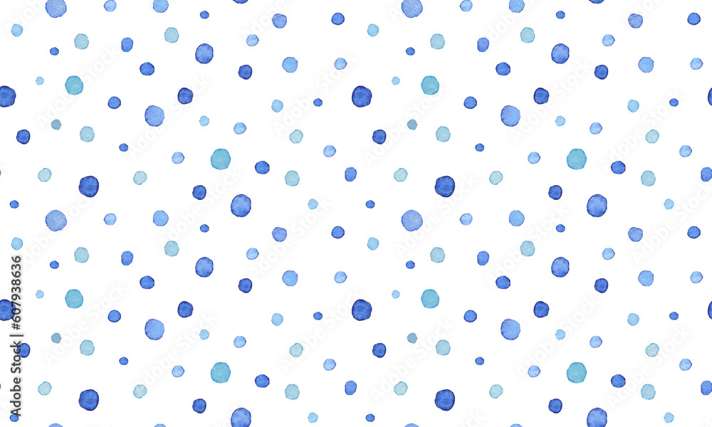 All over seamless repeat pattern with scattered tossed hand painted watercolor dot in tonal blues on a white background