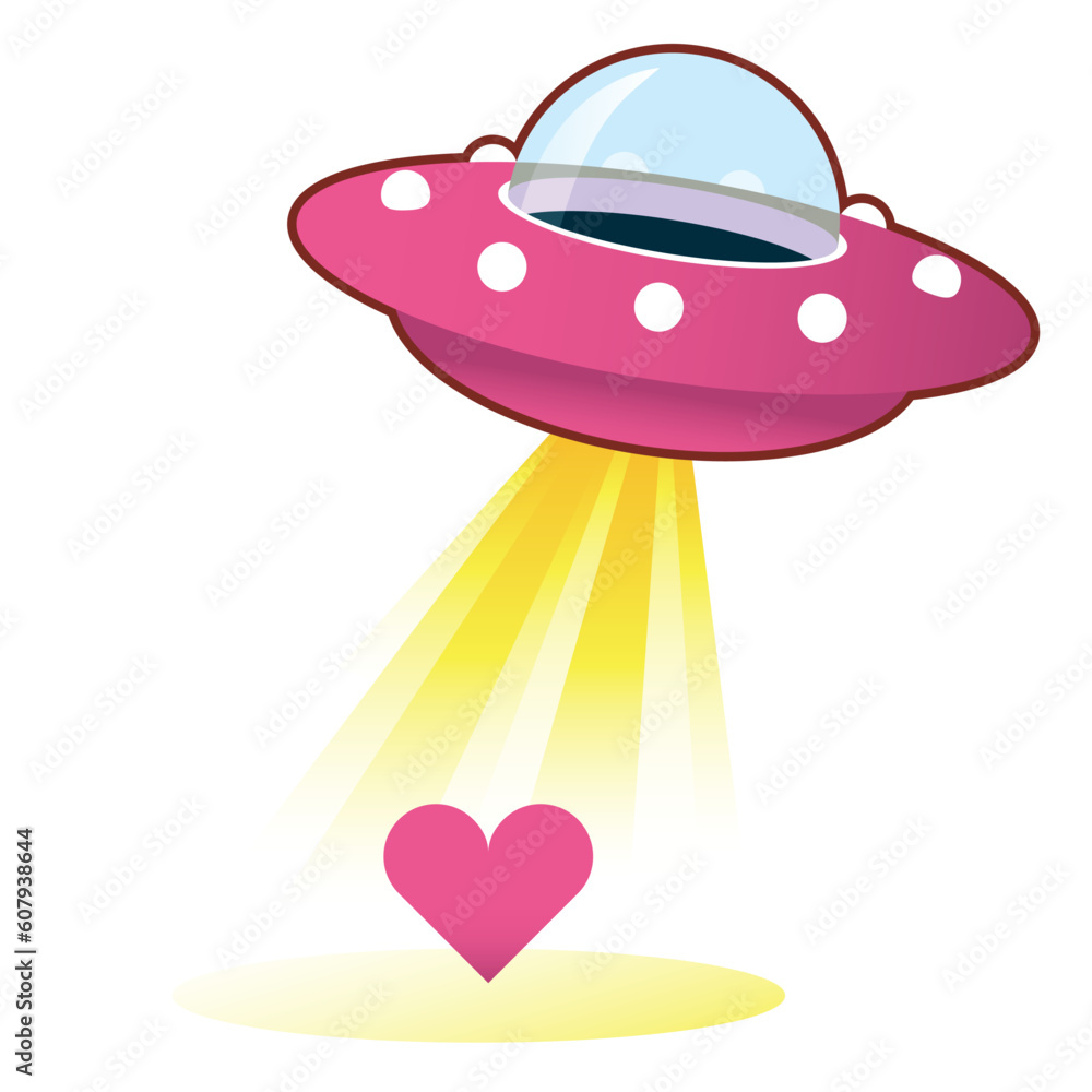 Heart, love, or relationship icon on retro flying saucer UFO with light beam. Suitable for use on the web, in print, and on promotional materials. Heart, love, or relationship icon on retro flying saucer UFO with light beam. Suitable for use on the web, in print, and on promotional materials.