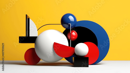 Colorful figures standing on yellow and white background, geometric shapes. Abstract minimal concept, blank space, clean design. 3d render style. Banner. Generative Ai