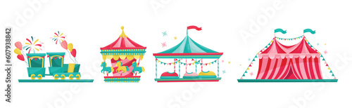 Colorful Amusement Park Funfair Carousels and Attraction Vector Set