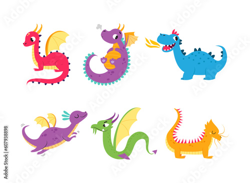 Fire Breathing Baby Dragon with Wings and Tail Vector Set © topvectors