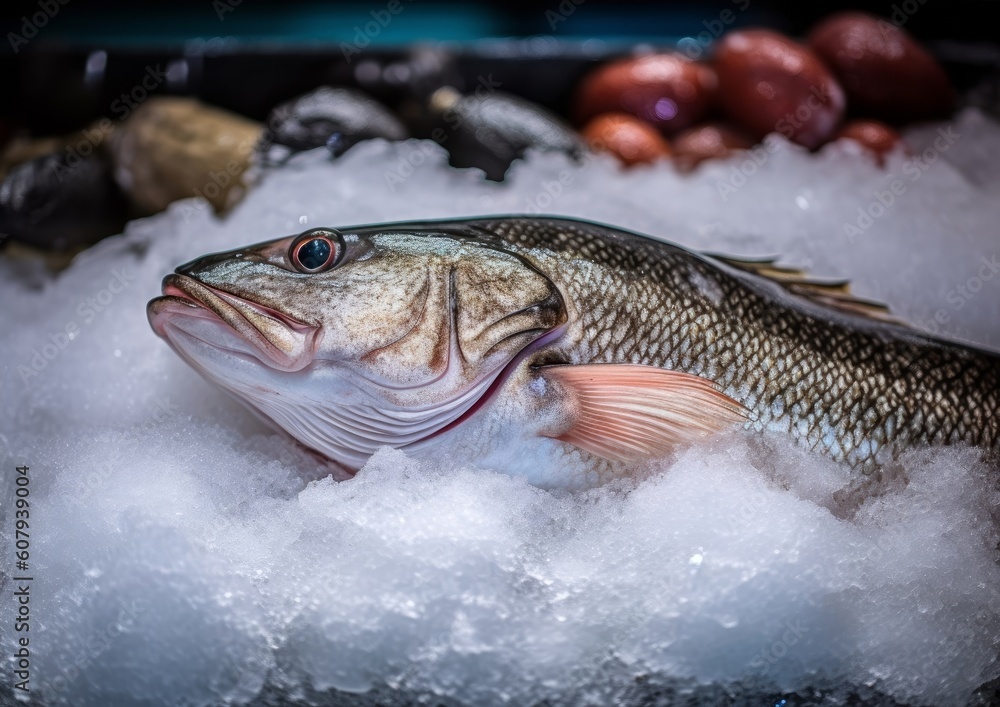 Haddock on a fish market stall, surrounded by crushed ice and various other seafood Haddock on a fish market stall, surrounded by crushed ice and various other seafood