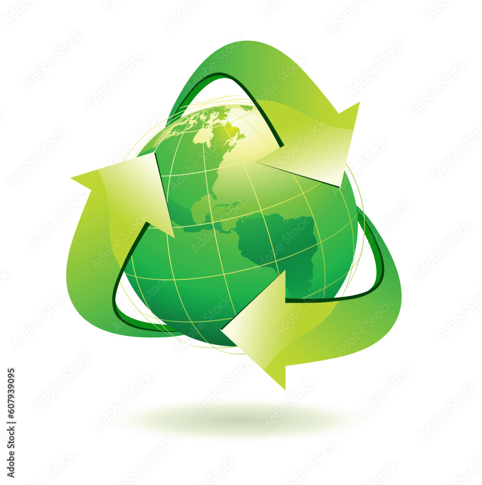 Vector illustration of green Earth with recycle symbol.