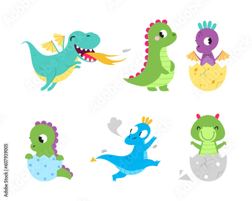 Fire Breathing Baby Dragon with Wings and Tail Vector Set