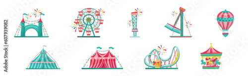 Colorful Amusement Park Funfair Carousels and Attraction Vector Set
