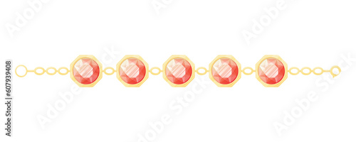Gold bracelet with round gemstones rubies. Vector isolated cartoon female jewelry, chain on the wrist.