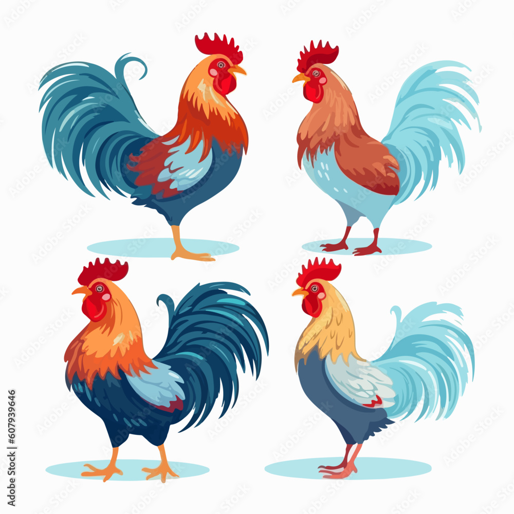 Fototapeta premium Vector cockerel illustrations in various poses, perfect for farm-themed designs.