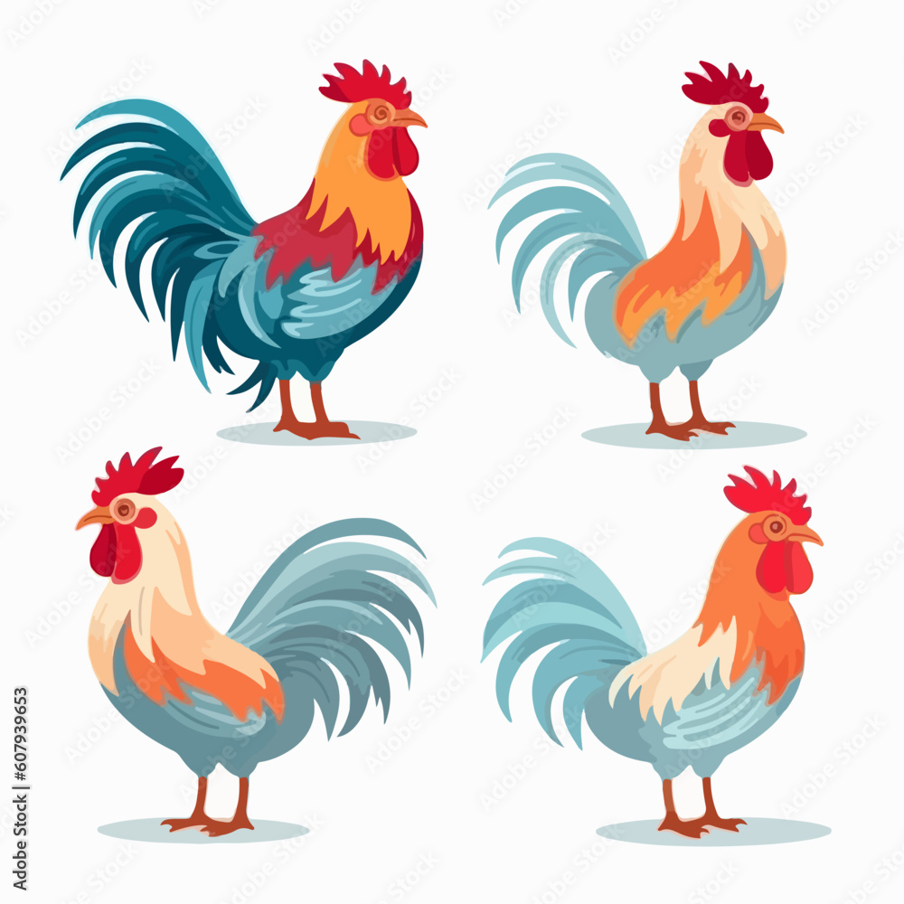 Fototapeta premium Cockerel illustrations showcasing their energetic and animated movements.