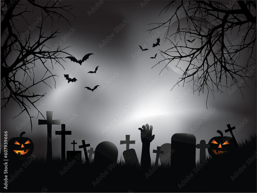Spooky graveyard with zombie hand coming out of the ground