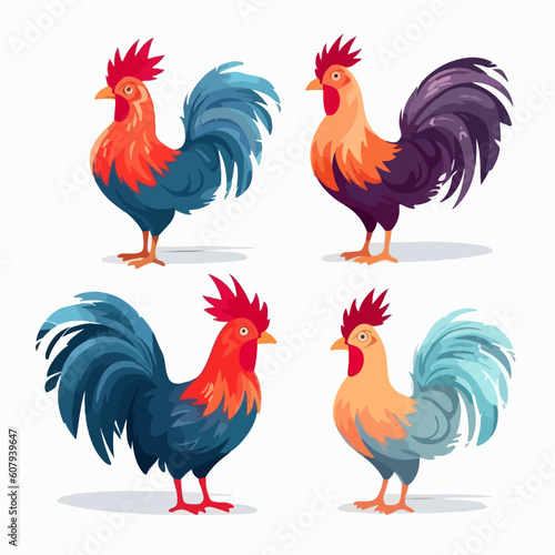Cockerel illustrations in dynamic poses, ready to greet the morning sun.