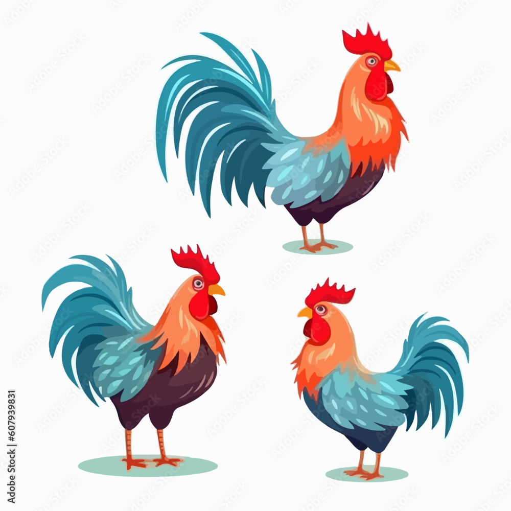 Fototapeta premium Eye-catching cockerel illustrations suitable for greeting cards and invitations.