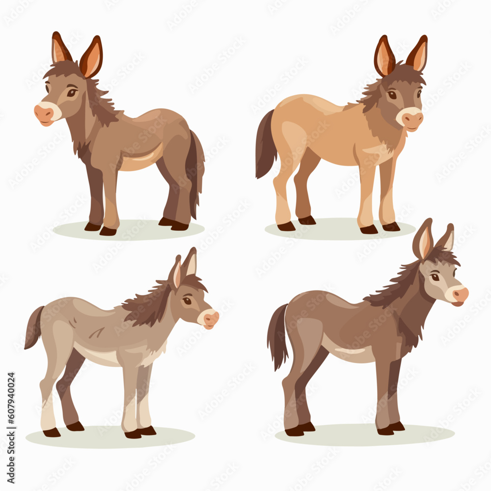 Vector donkey illustrations in various poses, perfect for farm-themed designs. Vector donkey illustrations in various poses, perfect for farm-themed designs.