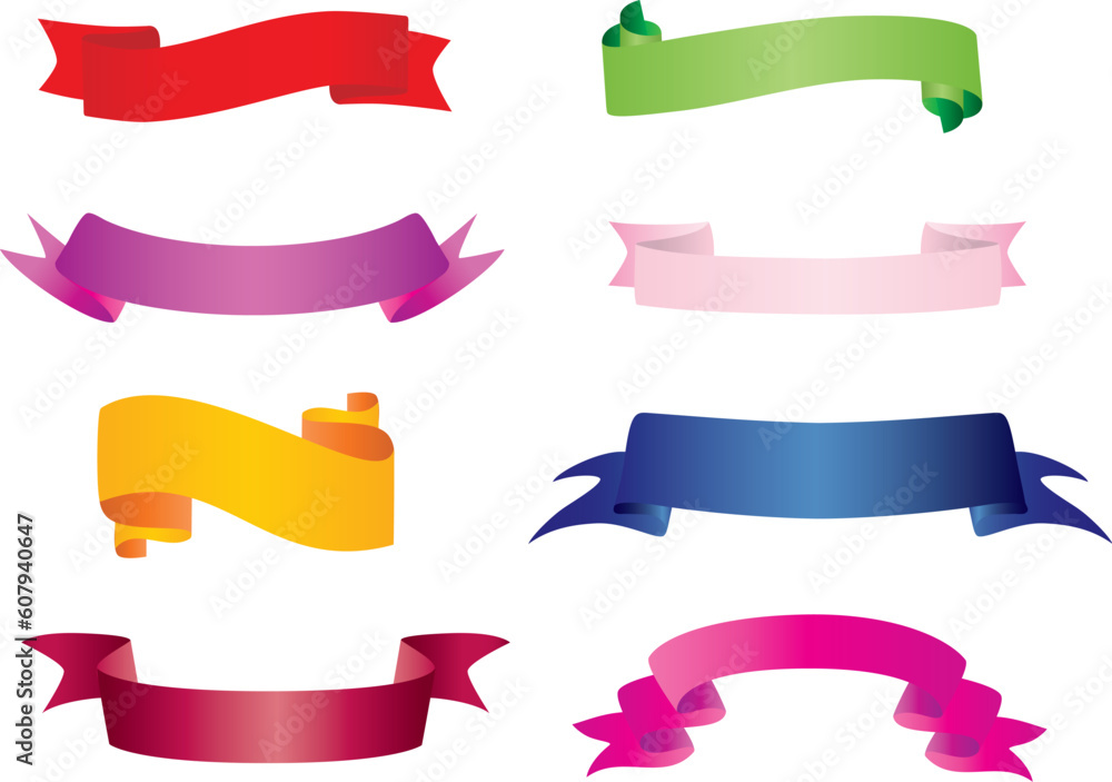 banners set: 8 colors and 8 styles in one file. Fully editable, easy color change