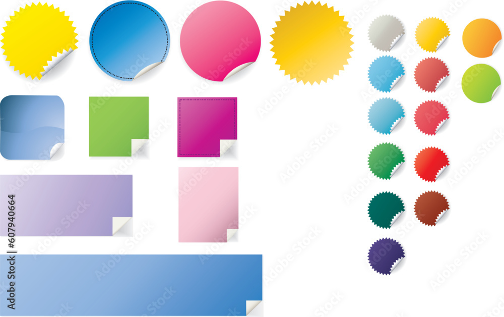 Set includes different coloured and shaped peeling stickers. Fully editable, easy color change or resize. Set includes different coloured and shaped peeling stickers. Fully editable, easy color change or resize.