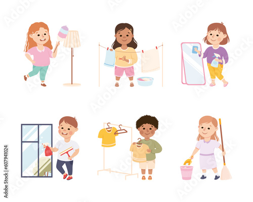 Little Boy and Girl Engaged in Cleanup and Housekeeping Activity Vector Set
