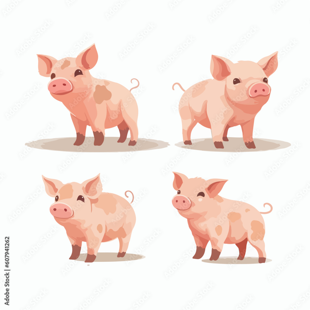 Delightful pig illustrations in different poses, suitable for stationery design.