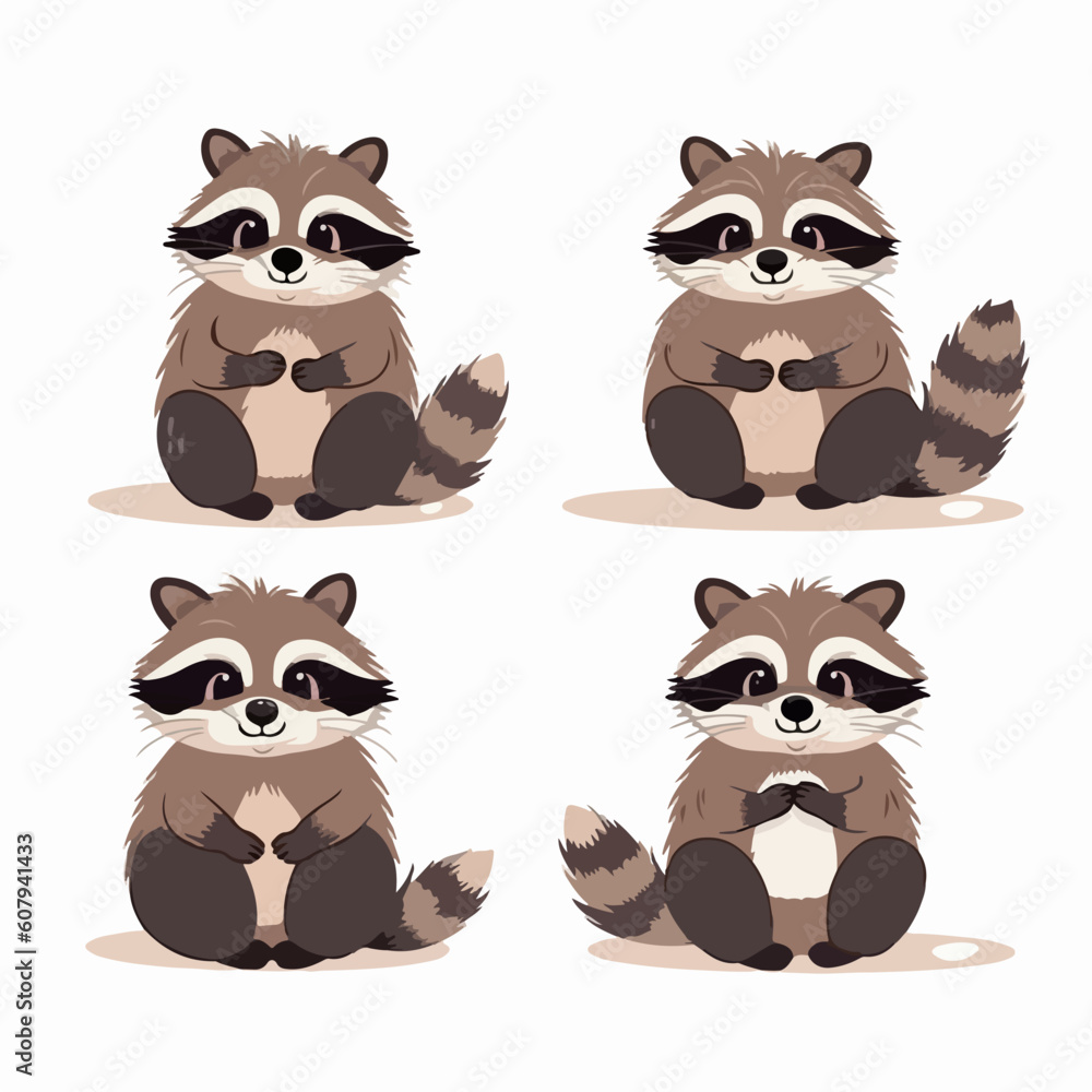 Lively raccoon illustrations in vector format, adding character to any project.