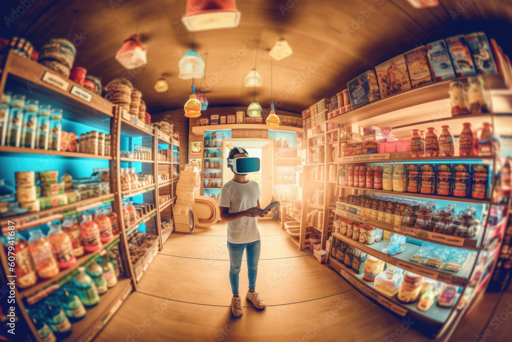 Woman wearing virtual reality headset choosing products in grocery store. Online shopping and e-commerce concept. Created with Generative AI