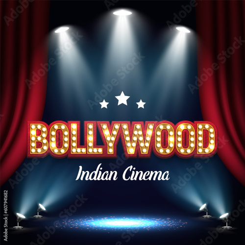 Bollywood indian cinema. Movie banner or poster with red curtain illuminated by spotlights. Vector illustration.