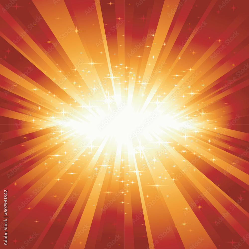 Festive explosion (centered) of light and stars from white to golden to dark red. 7 global colors, light rays controlled by 1 linear gradient. Festive explosion (centered) of light and stars from white to golden to dark red. 7 global colors, light rays controlled by 1 linear gradient.
