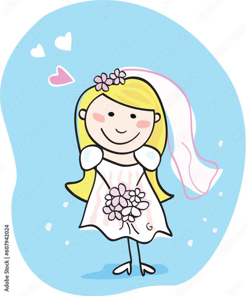 This beautiful bride in white dress is still waiting for the right one. Bride – doodle character. Art vector Illustration. This beautiful bride in white dress is still waiting for the right one. Bride – doodle character. Art vector Illustration.