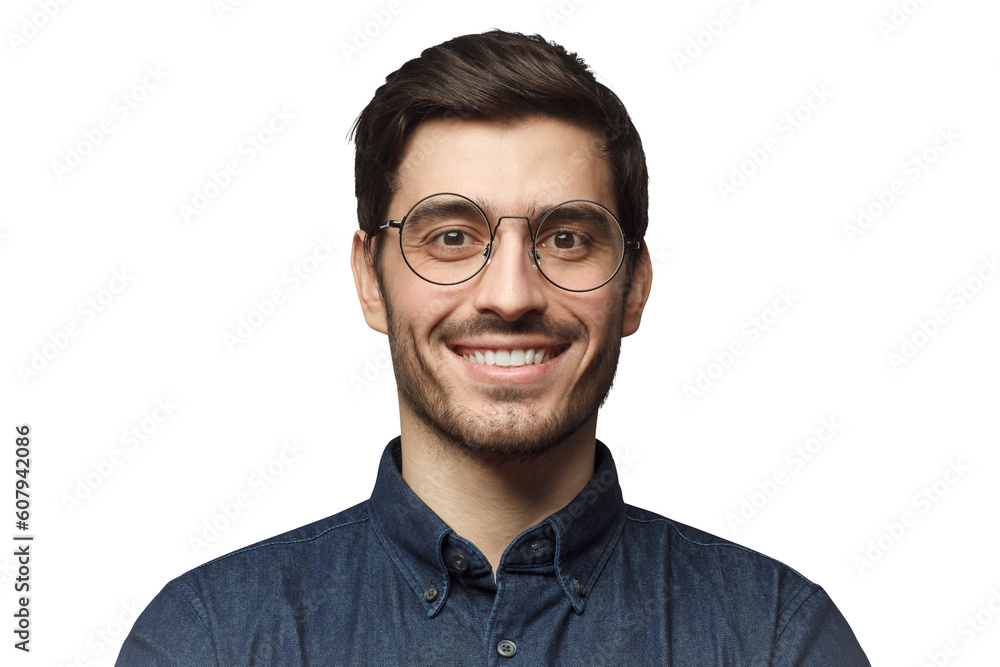Portrait of happy young man wearing round eyeglasses and smiling Portrait of happy young man wearing round eyeglasses and smiling