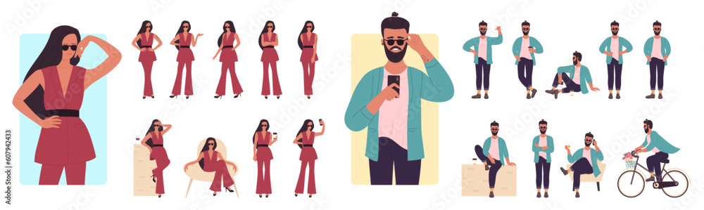 Fashion people lifestyle poses set vector illustration. Cartoon stylish male female characters in fashionable clothes and sunglasses posing, lady walking, hipster riding bicycle with flowers in basket