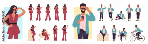 Fashion people lifestyle poses set vector illustration. Cartoon stylish male female characters in fashionable clothes and sunglasses posing, lady walking, hipster riding bicycle with flowers in basket