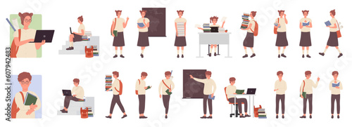 Cartoon intelligent smart casual boy and girl characters with glasses, backpack, books studying and posing in front, side or back view isolated. Teenager school students poses vector illustration set
