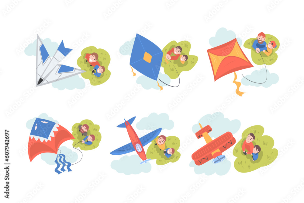 Father and Son Launching Toy Kite and Airplane Models Vector Set
