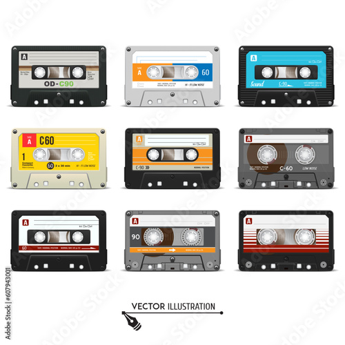 Set retro audio cassettes. Audio tape. Old technology. Realistic vector cassette on a white background.