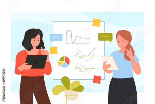 Business people work on financial data and reports on office white board vector illustration. Cartoon two female employees exchange ideas and analyze charts, girls holding tablet and documents