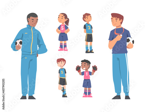 Little Boy and Girl Soccer or Football Player in Uniform Stand with Trainer Vector Set