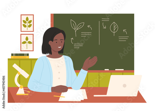 Cartoon woman training students of school, college or university on lesson, female professor teaching and explaining at chalkboard. Teacher standing at blackboard in classroom vector illustration.