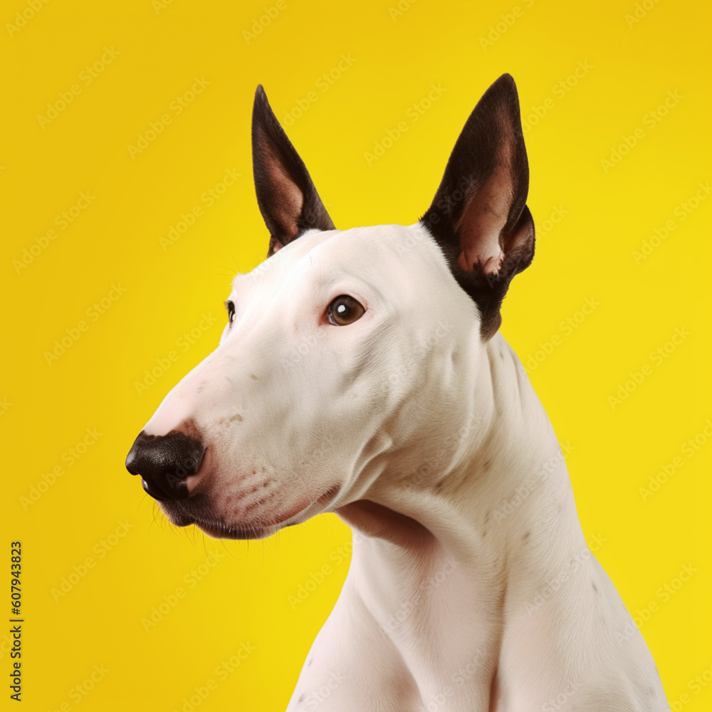 Bull terrier on a yellow background. Generative AI.