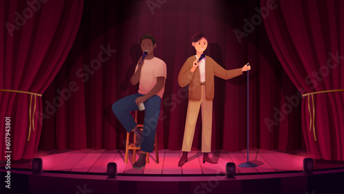 Standup, comedy show with comedians couple with mic on stage vector illustration. Cartoon male female speaker characters sitting and standing, comic man and woman with microphone joking in night club