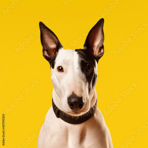Bull terrier on a yellow background. Generative AI. © DALU11