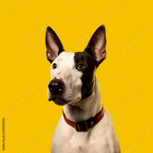 Bull terrier on a yellow background. Generative AI.