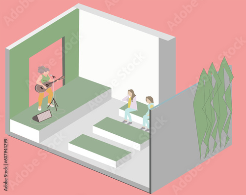 Isometric view singing woman in front of audiance flat vector