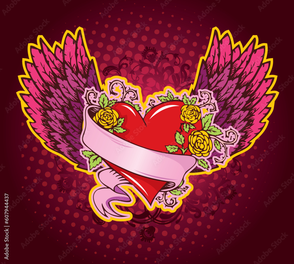 Pink heart with wings, vector Pink heart with wings, vector
