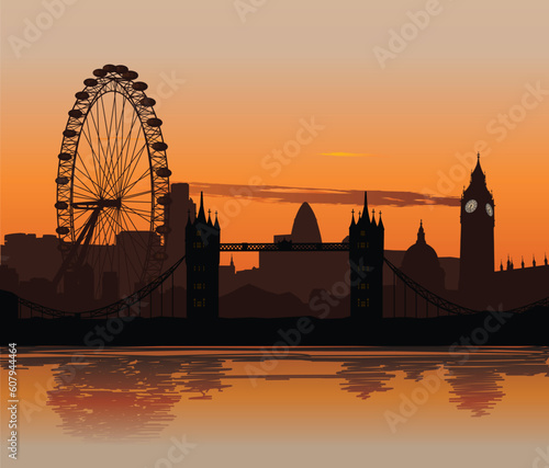 Vector illustration of London skyline at sunset with reflection on the Thames photo